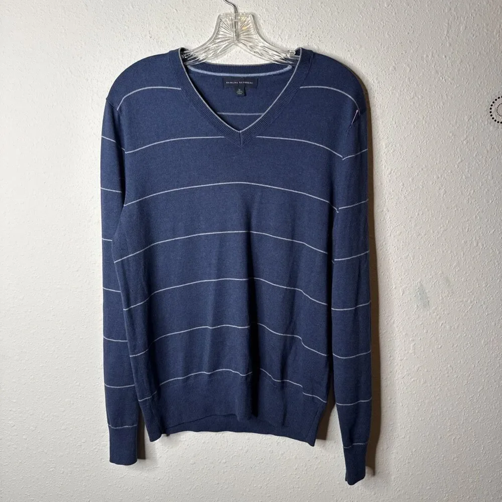 Banana Republic Blue Striped V-Neck Silk Cashmere Nylon Sweater Mens Size Medium